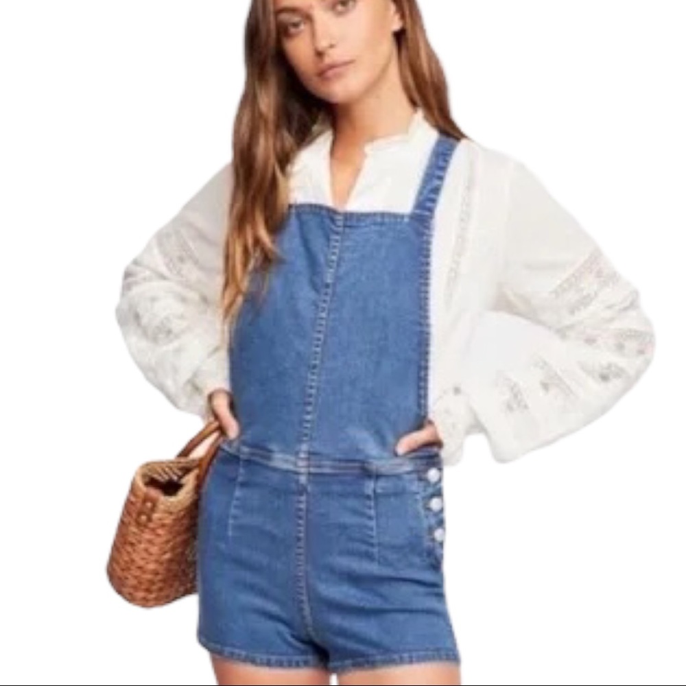 New Free People First Love Shortall 25 / XS Blue Denim Overall Shorts